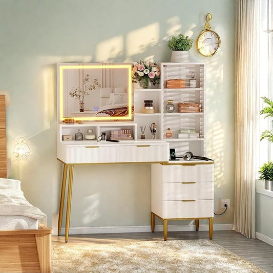 Lighted Vanity Desk with Mirror & Lights – Compact Vanity with5 Drawers ， Built-in Power Strip & USB, Adjustable Shelves, Fluted Panel Design, Makeup Organizer with Storage Shelf for Bedroom,White