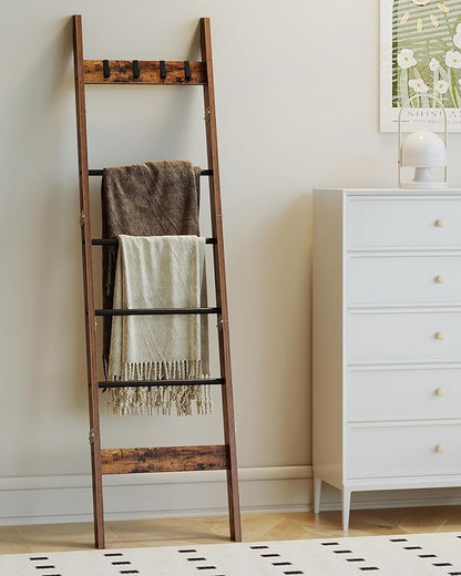Hzuaneri Blanket Ladder for Living Room, Decorative Quilt Rack with 4 Removable Hooks, 5-Tier Farmhouse Ladder Holder Shelf Organizer for Bedroom, Rustic Brown and Black BR31501B