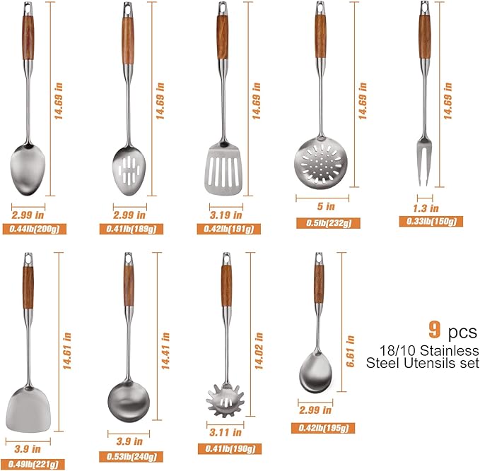 9 PCS 304 Stainless Steel Kitchen Cooking Utensils set with Wooden Handle, Metal Kitchen Utensils Set, Large Heat Resistant Wooden Handle Kitchen Tools, Stainless Steel Wok Spatula