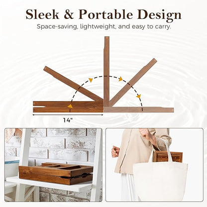 Teak Bathtub Tray for Tub, Expandable Bath Tray 28–40in, Foldable Bathtub Caddy with Wine Glass Holder, Phone & Book Stand, Wooden Bath Tray Organizer, Luxury Bathroom Accessories Gift - Light Walnut