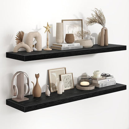 Fun Memories 48 Inch Floating Shelves in Black, 9.3 Inch Deep Wall Shelves for Bathroom, Living Room, Bedroom, Kitchen, Deep Long Shelf Wall Mounted 2 Pack Shelf for Books, Decor