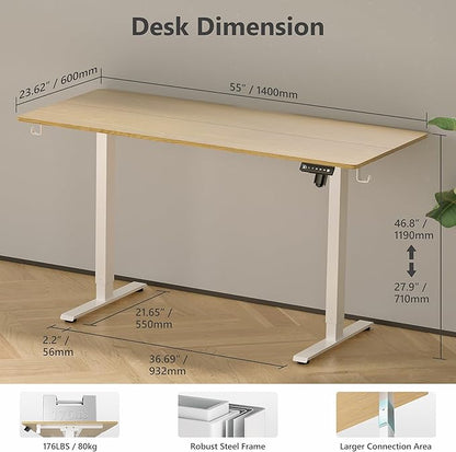 55 x 24 inch Electric Standing Desk Adjustable Height with 4 Wheels, 4 Memory Height Settings, 2 Headphone Hook, Home Office Desk, Splice Board Oak