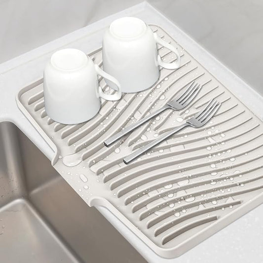 TIKNIK Silicone Dish Drying Mat for Kitchen Counter - Heat Resistant & Non-Slip Dish Drain Pad with Built-In Drain, Dishwasher Safe, Quick-Dry, Hangable & Roll-Up for Storage, Cream-1pcs, 20" x 15"
