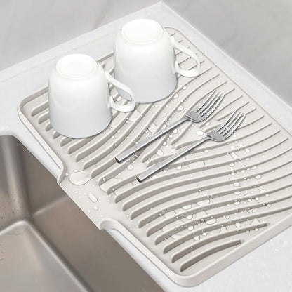 TIKNIK Silicone Dish Drying Mat for Kitchen Counter, Dish Drying Pad, Non-Slip Drain Pad with Built-in Drain, Heat Resistant Stone Drying Mat(16" x 12", Cream)