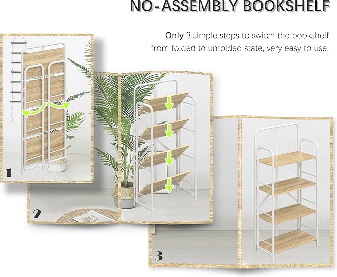 4NM No Assembly Folding Bookshelf, 4 Tiers Collapsible Book Shelves Open Industrial Foldable Storage Bookcase Shelf for Bedroom, Living Room, Home Office - Natural and White