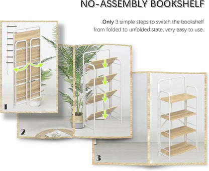 4NM No Assembly Folding Bookshelf, 4 Tiers Collapsible Book Shelves Open Industrial Foldable Storage Bookcase Shelf for Bedroom, Living Room, Home Office - Natural and White