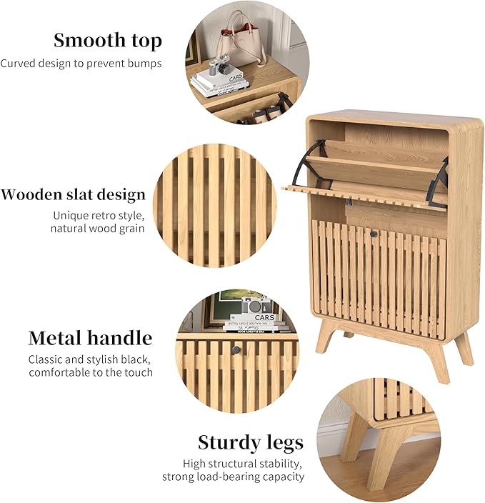 Narrow Shoe Cabinet Storage for Entryway, Modern Cabinet Rack with 2 Flip Drawers, Slim Wood Fluted Entry Way Shoe Organizer, Wooden, Small, Farmhouse, Freestanding, Natural Oak (39.4 Inch)