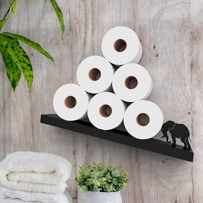 Artori Floating Toilet Paper Shelf Storage - Bathroom Wall Decorations, Tilted Wall Toilet Paper Holder, Mounted Toilet Decor Organizer for Tissue Rolls, Wipes, Towels, & More - Elephant