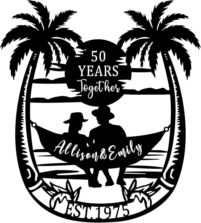 50th Anniversary Wedding Gift for Parents 50 Years Together Tropical Beach Sunset Metal Name Sign Wall Art, Anniversary Wedding Gift for Couple