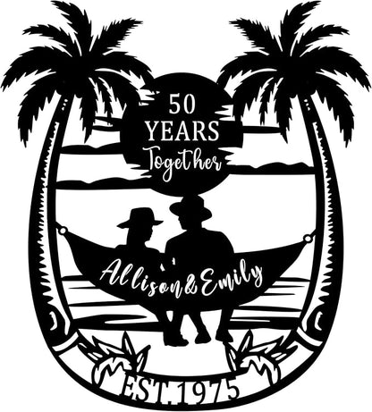 50th Anniversary Wedding Gift for Parents 50 Years Together Tropical Beach Sunset Metal Name Sign Wall Art, Anniversary Wedding Gift for Couple