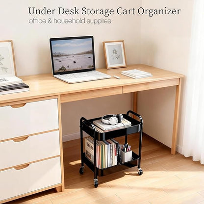2 Tier Metal Rolling Utility Cart with Wheels Under Desk Storage Cart with Handle, Roll Around Organizer Trolley for Small Space Pantry Bathroom Home Kitchen Office Snack Baby Supplies, Black