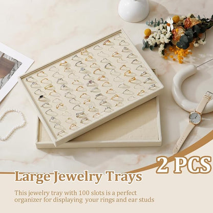 Large Velvet Jewelry Tray 2 Pack Stackable Jewelry Display Drawer Inserts Trays Organizer for Earring Bracelet Necklace Ring (Beige, Ring 81 Slots)