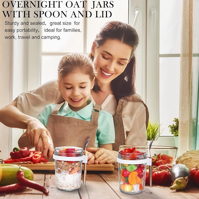 Patelai 8 Pcs 12 oz Overnight Oats Containers with Lids and Spoons Large Capacity Airtight Oatmeal Overnight Oat Jars with Measurement Marks Oatmeal Container for Milk Cereal Fruit (White)