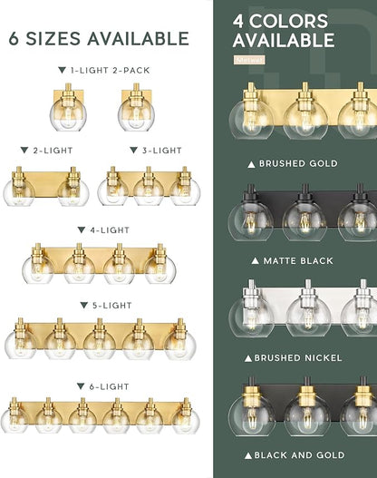 Bathroom Light Fixtures, 6 Light Brushed Gold Vanity Light, 38 Inch Modern Wall Sconces with Globe Clear Glass Shade, Vanity Lighting Fixtures Over Mirror, VL195-BG-6