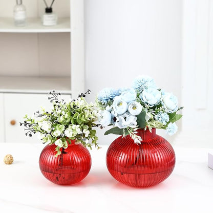 Red Glass Vases for Tulips, Set of 2, Flower Vases for Bouquet, Ribbed Glass Vase for Flowers, Short Vase for Living Room, Office, Coffee Table, Shelf, Wedding