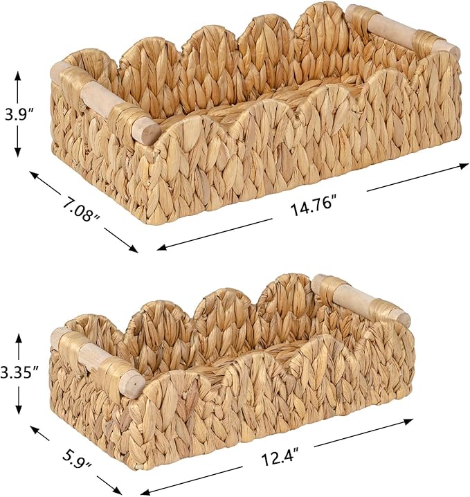 Decorative Toilet Paper Storage Basket, Modern Farmhouse Home Decor Scalloped Basket for Organizing, Pantry Baskets for Shelves, Countertop, Living Room, w/Wood Handles, Natural, 2 Sizes
