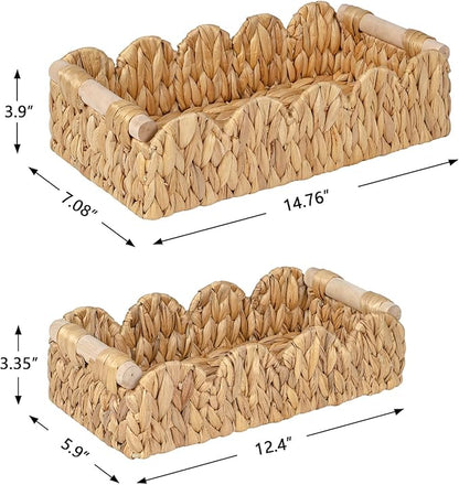 Decorative Toilet Paper Storage Basket, Modern Farmhouse Home Decor Scalloped Basket for Organizing, Pantry Baskets for Shelves, Countertop, Living Room, w/Wood Handles, Natural, 2 Sizes
