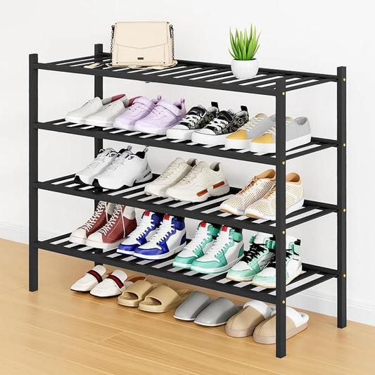 Smiry Long Bamboo Shoe Rack, 4 Tier Free Standing Wooden Shoe Organizer, Stackable Wood Shoe Storage Shelf for Closet, Entryway, 12 Vertical Slats, 2+2 Stack Standard Legs, 33.7"x11"x26", Black