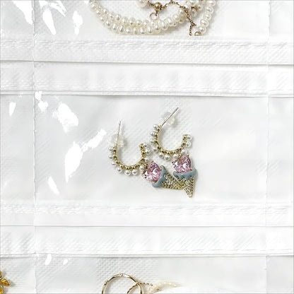 2 Pack Hanging Jewelry Organizer 80-Pocket Dual-sided Jewelry Storage for Earring Necklace Bracelet Ring Travel Holder, White and Beige