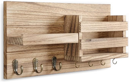 Lwenki Mail Organizer for Wall Mount – Key Holder with Shelf Includes Letter Holder and Hooks for Coats, Dog Leashes – Rustic Wood with Flush Mounting Hardware (16.5” x 8.7” x 3.5”) (Wood)