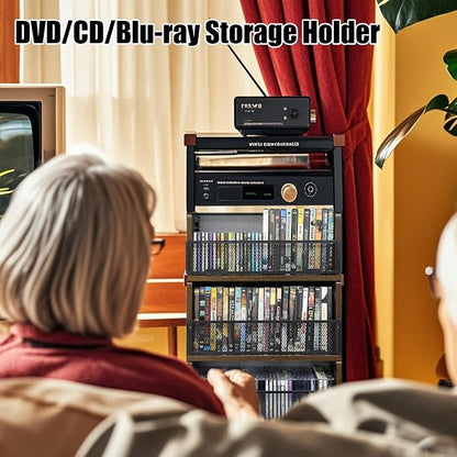 DVD CD Storage Rack, DVD Shelf Holds 28 DVD Cases, Stackable Wood & Metal DVD Tower with Magnetic Opening Door for Easy Access, Desktop Organizer for Blu ray, Video Game, VHS Tapes