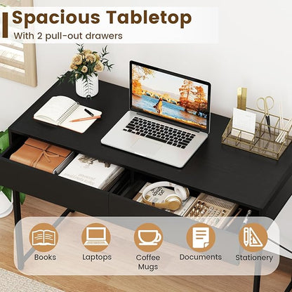 GOFLAME Modern 2-Drawer Computer Desk, Home Office Desk w/Reinforced Heavy-Duty Metal Frame, Versatile Study Writing Desk w/Anti-Tip Kit, Ideal for Bedroom, Study, Office, Small Spaces, Black
