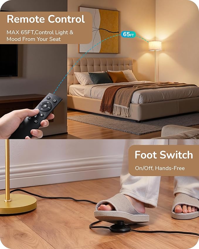 EDISHINE Modern Floor Lamp with 2 Shades, Adjustable Brightness & Color Temperature, Remote Control, Minimalist Standing Lamp, E26, A19 Bulb Included, Dimmable for Living Room, Bedroom, Gold