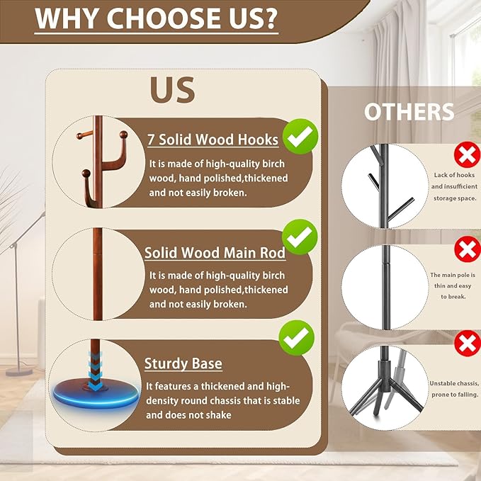 Solid Wooden Coat Rack Stand, Coat Racks Freestanding with 7 Hooks, Natural Birch Wood Coat stands with Sturdy Round Base, Tree Coat Hanger Standing for Entryway Bedroom Office (Cactus Design)