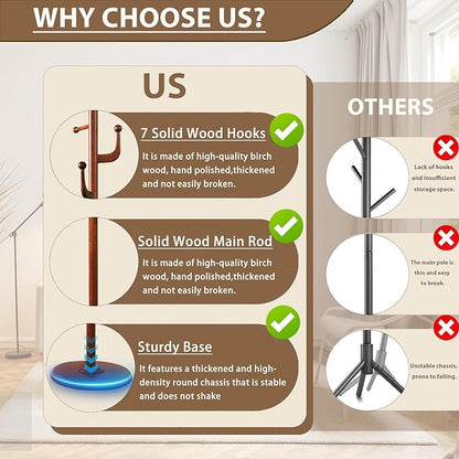 Solid Wooden Coat Rack Stand, Coat Racks Freestanding with 7 Hooks, Natural Birch Wood Coat stands with Sturdy Round Base, Tree Coat Hanger Standing for Entryway Bedroom Office (Cactus Design)