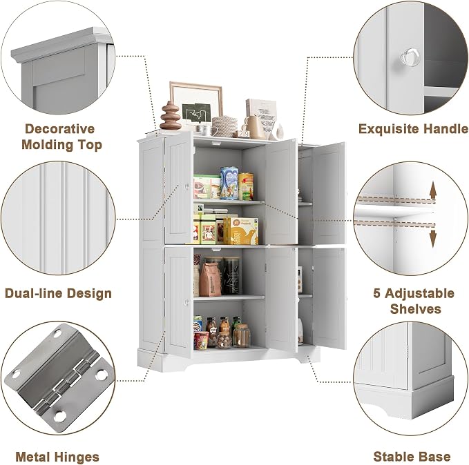 ChooChoo Bathroom Floor Cabinet, Modern Bathroom Storage Cabinet with 6 Doors and Adjustable Shelves, Freestanding Cupboard for Living Room, White