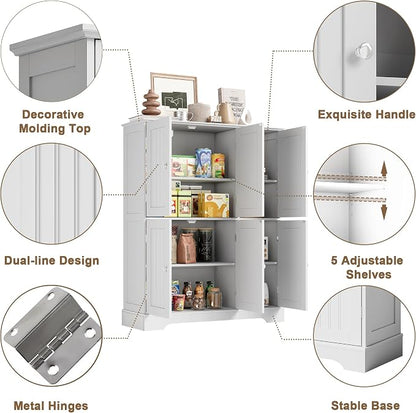 ChooChoo Bathroom Floor Cabinet, Modern Bathroom Storage Cabinet with 6 Doors and Adjustable Shelves, Freestanding Cupboard for Living Room, White