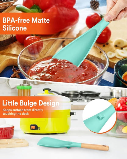 Cooking Spoon for Nonstick Cookwares, Great for Cooking and Serving Sturdy BPA-Free Matte Silicone, Wood Handle Spoon for Mixing, Scoop, and Scrape (GREEN, 11.4 inch)
