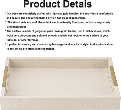Beige Faux Leather Serving Tray with Handles – Large Decorative Tray for Coffee Table, Ottoman, Living Room, Bathroom – Home Decor