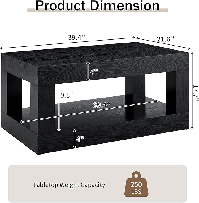 LKTART 39.37" Coffee Table with Storage, 2-Tier Mid Century Rectangular Accent Table with Thick Tabletop, Rustic Style Cocktail, Center Table for Living Room, Office, Apartment (Black)