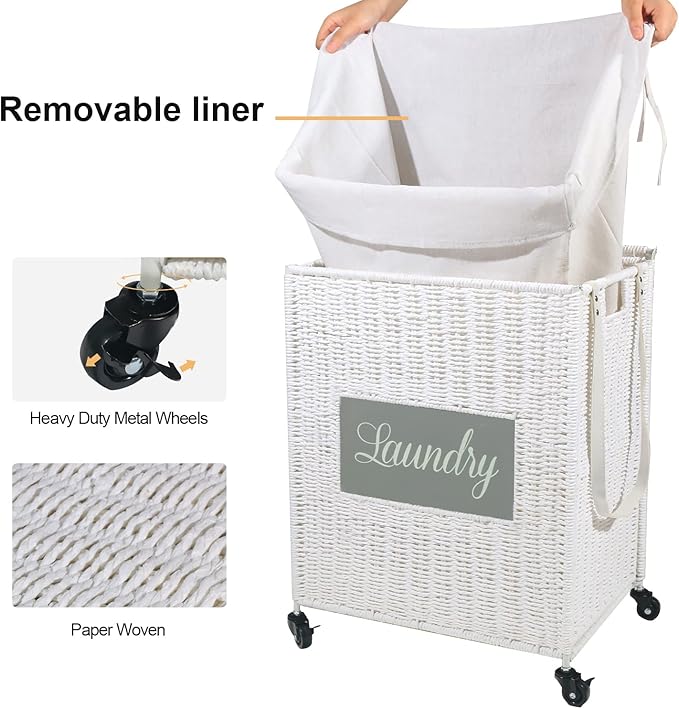 Mxfurhawa Laundry Basket, Heavy Duty Cotton Liner Laundry Storage Hamper with Handles, Collapsible Clothes Wire Basket Organizer Laundry Bag (89WE-H)