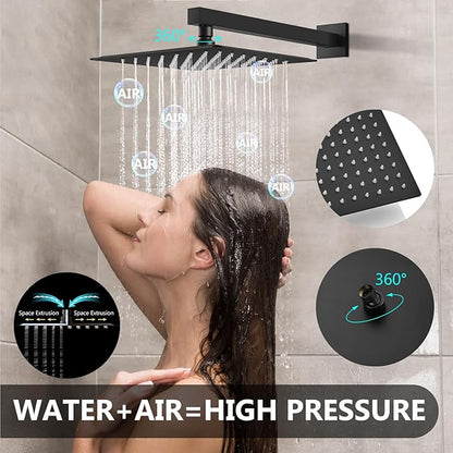 Shower Faucet Set Rainfall Shower System with Square Showerhead and Handle Set Fixture with 2 in 1 Function Handheld Sprayer Wall Mounted Trim Repair Kit Rough-in Valve 12 Inch Matte Black