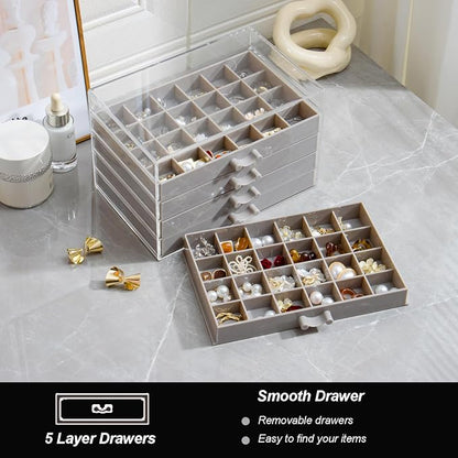 YUFONG Earring Storage Box Organizer, Acrylic Jewelry Storage Box Holder 5 Drawers Transparent Jewelry Display Stand with 120 Small Compartments Gift Boxes for Women Girls (Gray)