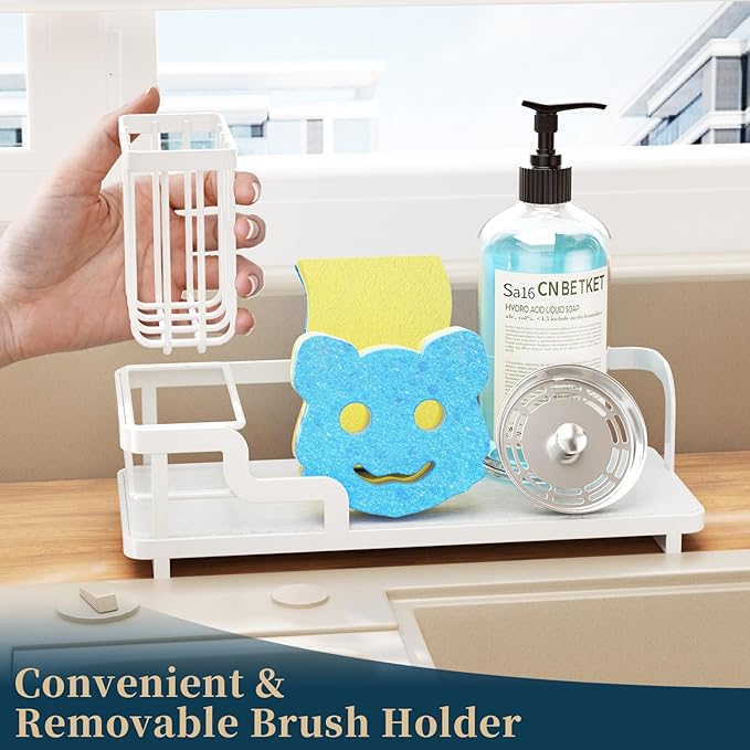 Consumest Sponge Holder for Kitchen Sink - Sink Caddy Organizer with Water Absorbing Stone Tray, Detachable Brush Holder, Stainless Steel Kitchen Counter Organizer Rack, White