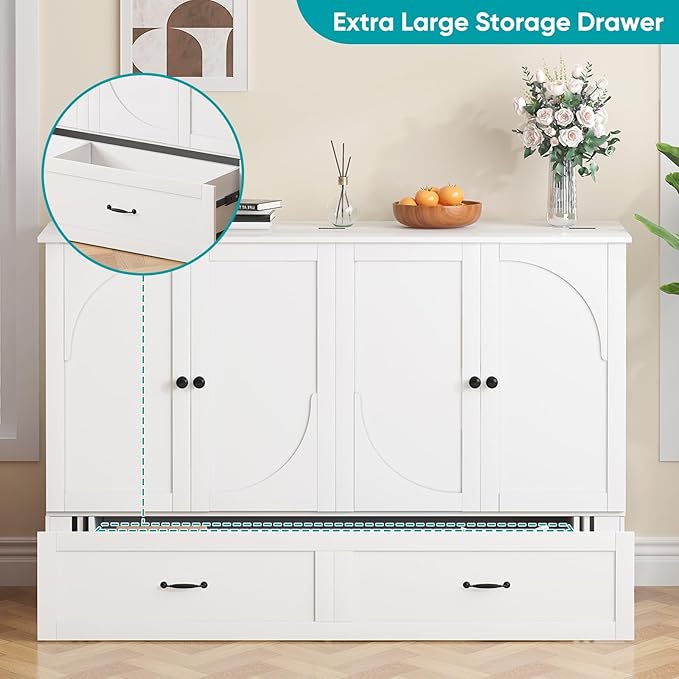 BALUS Murphy Bed Queen with USB Charging Station, Murphy Cabinet with Tri-Folding Foam Mattress and 2 Storage Drawers, Hideaway Foldable Wall Cabinet Bed Chest for Living Room Bedroom Office, White