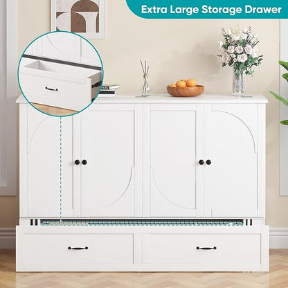 BALUS Murphy Bed Queen with USB Charging Station, Murphy Cabinet with 2 Storage Drawers, Hideaway Foldable Wall Cabinet Bed Chest for Living Room Bedroom Home Office (No Mattress, White)