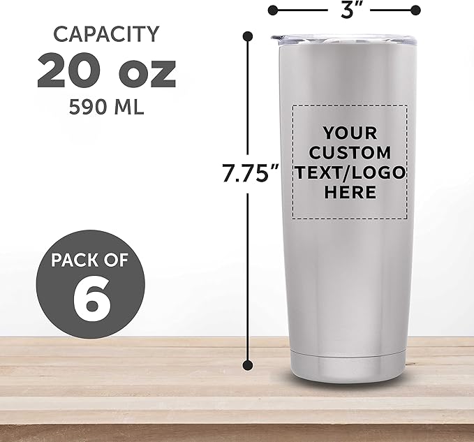 Custom Pipette Stainless Steel Coffee Tumblers 20 oz. Set of 6, Personalized Bulk Pack - Double Wall, Perfect for Coffee, Hot Cocoa, Other Hot & Cold Beverages - Silver