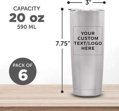 Custom Pipette Stainless Steel Coffee Tumblers 20 oz. Set of 6, Personalized Bulk Pack - Double Wall, Perfect for Coffee, Hot Cocoa, Other Hot & Cold Beverages - Silver