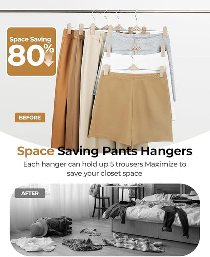 Pants Hangers with Clips 50 Pack - Space Saving Stackable Shorts Skirt Hangers with Clips - Non-Slip, Adjustable for Men, Women, Kids, Children, Baby, Beige