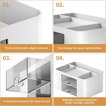 Marbrasse Pen Organizer with 2 Drawer, Multi-Functional Pencil Holder for Desk, Desk Organizers and Accessories with 5 Compartments + Drawer for Office Art Supplies (White)