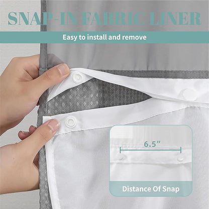 Grey No Hook Waffle Weave Shower Curtain with snap-in Liner Replacement, 230GSM Waterproof Fabric Hotel Shower Curtain Set for Bathroom, Through Mesh Top Window,48Wx74H