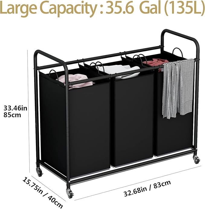 LINZINAR 3-Bag Laundry Basket, Black Laundry Hamper, Laundry Sorter Cart Laundry Room Organization with Heavy Duty Rolling Lockable Wheels and Removable Bags (135 L, 35.6 Gal)