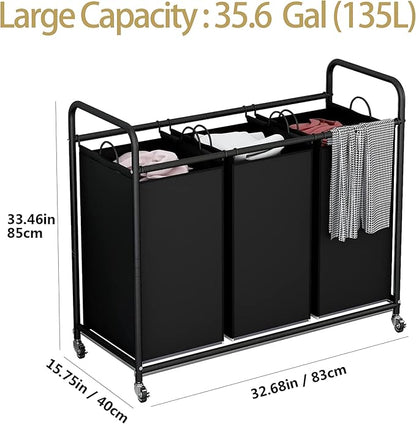 LINZINAR 3-Bag Laundry Basket, Black Laundry Hamper, Laundry Sorter Cart Laundry Room Organization with Heavy Duty Rolling Lockable Wheels and Removable Bags (135 L, 35.6 Gal)