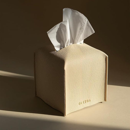 OLETHA Square Tissue Box Cover - Aesthetic Modern Farmhouse Decor for Room, Home & Office - Tissues Cube Boxes Holder - Canvas Grain, Greige