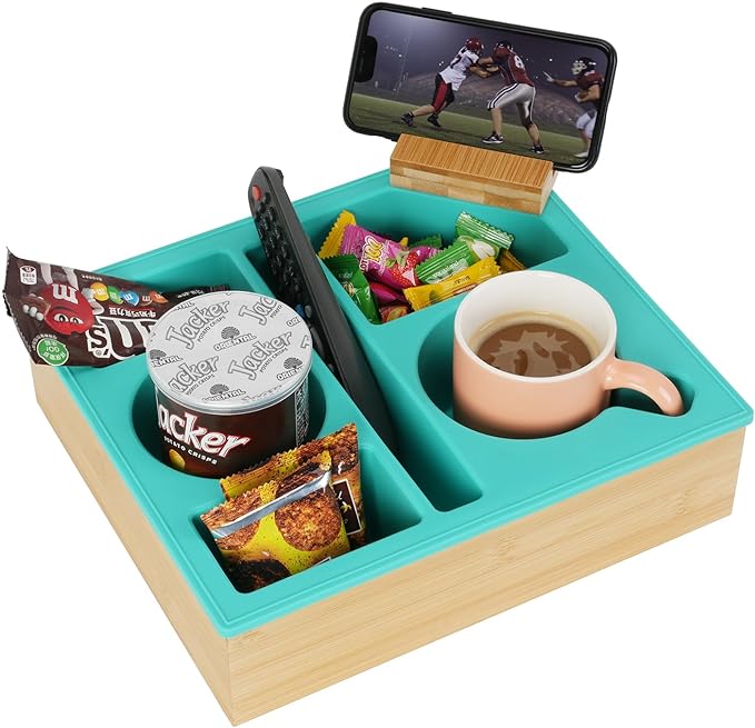 Couch Cup Holder Tray, Handy Silicone Bamboo Couch Caddy with Rotatable Phone Holder for Bed Car Seat Organizer, Waterproof Anti-Spill Couch Drink Holder for Snacks Beverage Remote (Green)