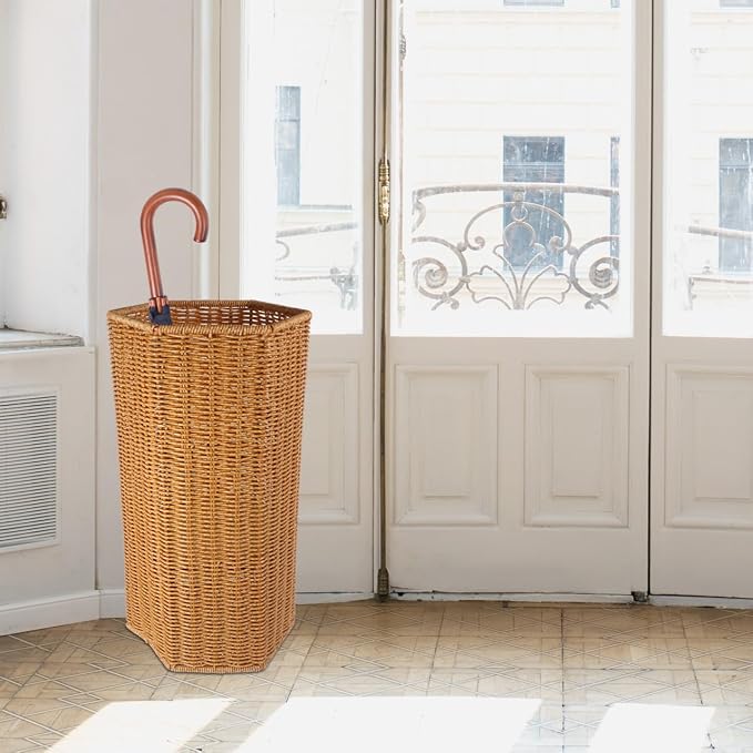 Artificial Rattan Umbrella Stand 15.55In Indoor Umbrella Storage Bucket with Drainage Tray for Entryway and Yoga Mat Organizer